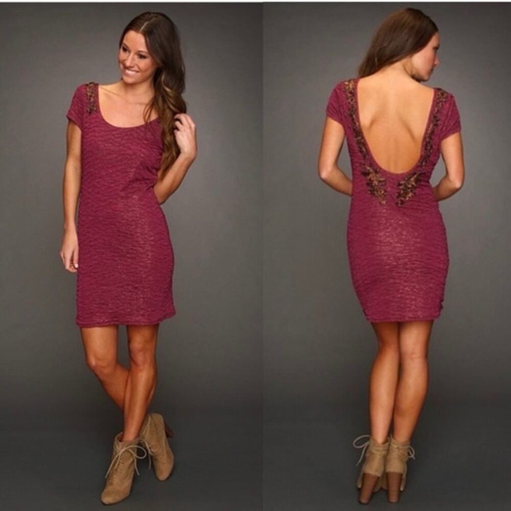 Free People Bringing Sexy Back Low Scoop Backless Beaded Shirt Sleeve Mini Dress
